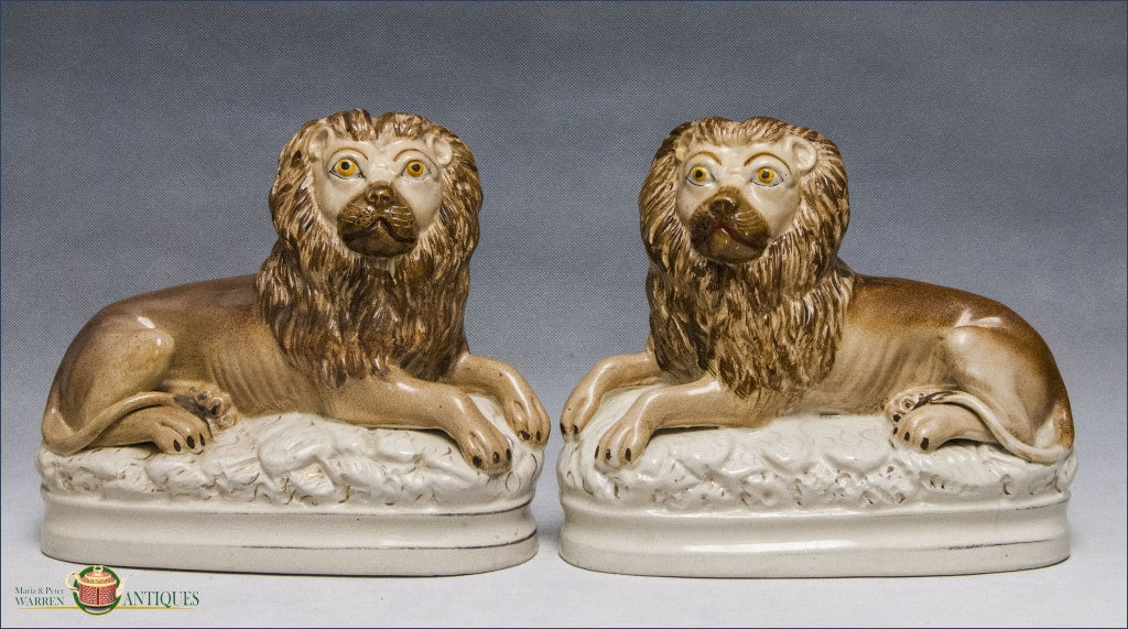 A Pair of Antique English Staffordshire Recumbent Lions, c1890-1900 ...