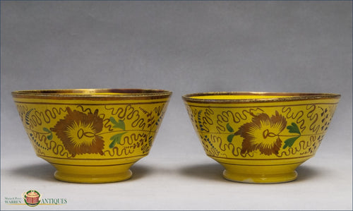 A Pair Of Antique Creamware Yellow Glazed Bowls With Copper Lustre From Swansea C1820 19Th Century English