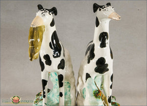 A Pair Of English Staffordshire Pearlware Black And White Disraeli Greyhounds C1860 Post 1840