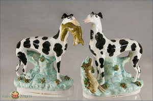 A Pair Of English Staffordshire Pearlware Black And White Disraeli Greyhounds C1860 Post 1840