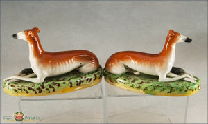 A Pair Of English Staffordshire Pearlware Greyhounds On Rococo Scroll Bases C1860-70. Post 1840
