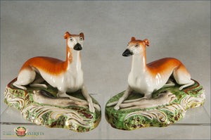 A Pair Of English Staffordshire Pearlware Greyhounds On Rococo Scroll Bases C1860-70. Post 1840