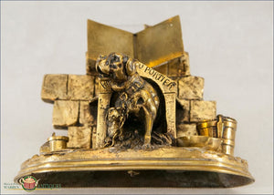 English Brass Inkwell With A Dog Puppy And Cat C1880 Decorative Arts