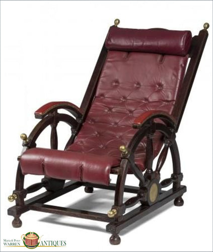 Late 19Th Early 20Thc Mahogany And Red Leather Deck Chair With Brass Accents