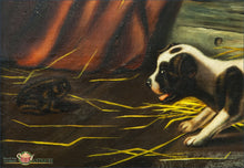 Three Puppies And A Toad- Folk Art Painting